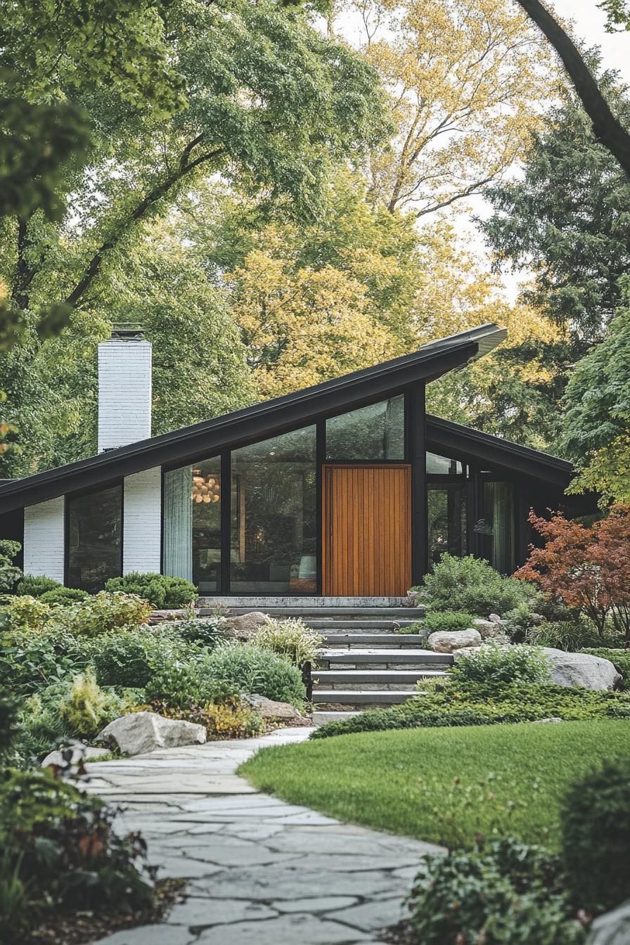 Modern bungalow with lush greenery and a large sloped roof