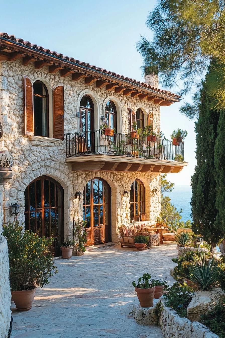 Charming stone villa with arched windows and lush greenery