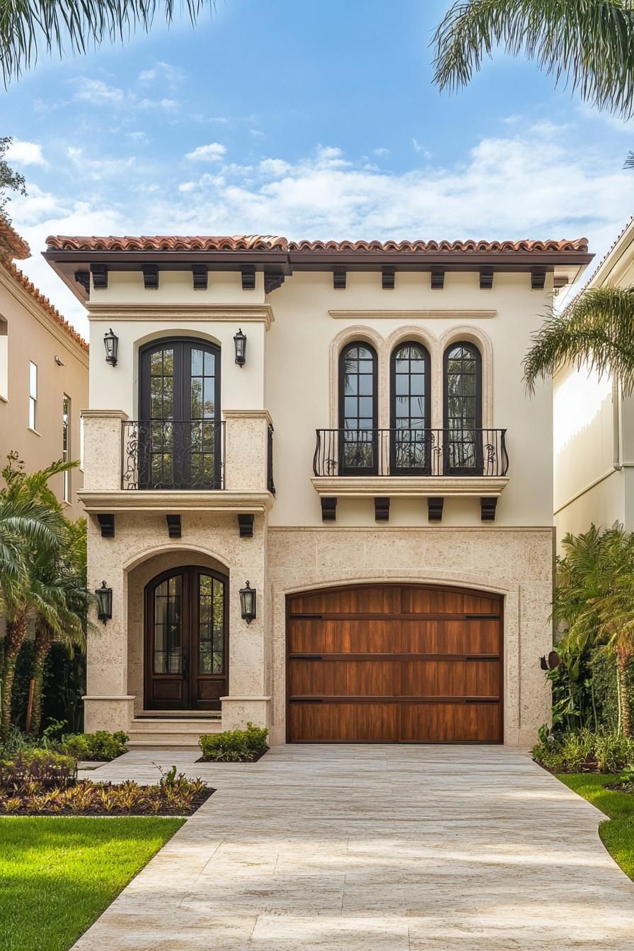 Mediterranean-style house with wooden doors and arched windows