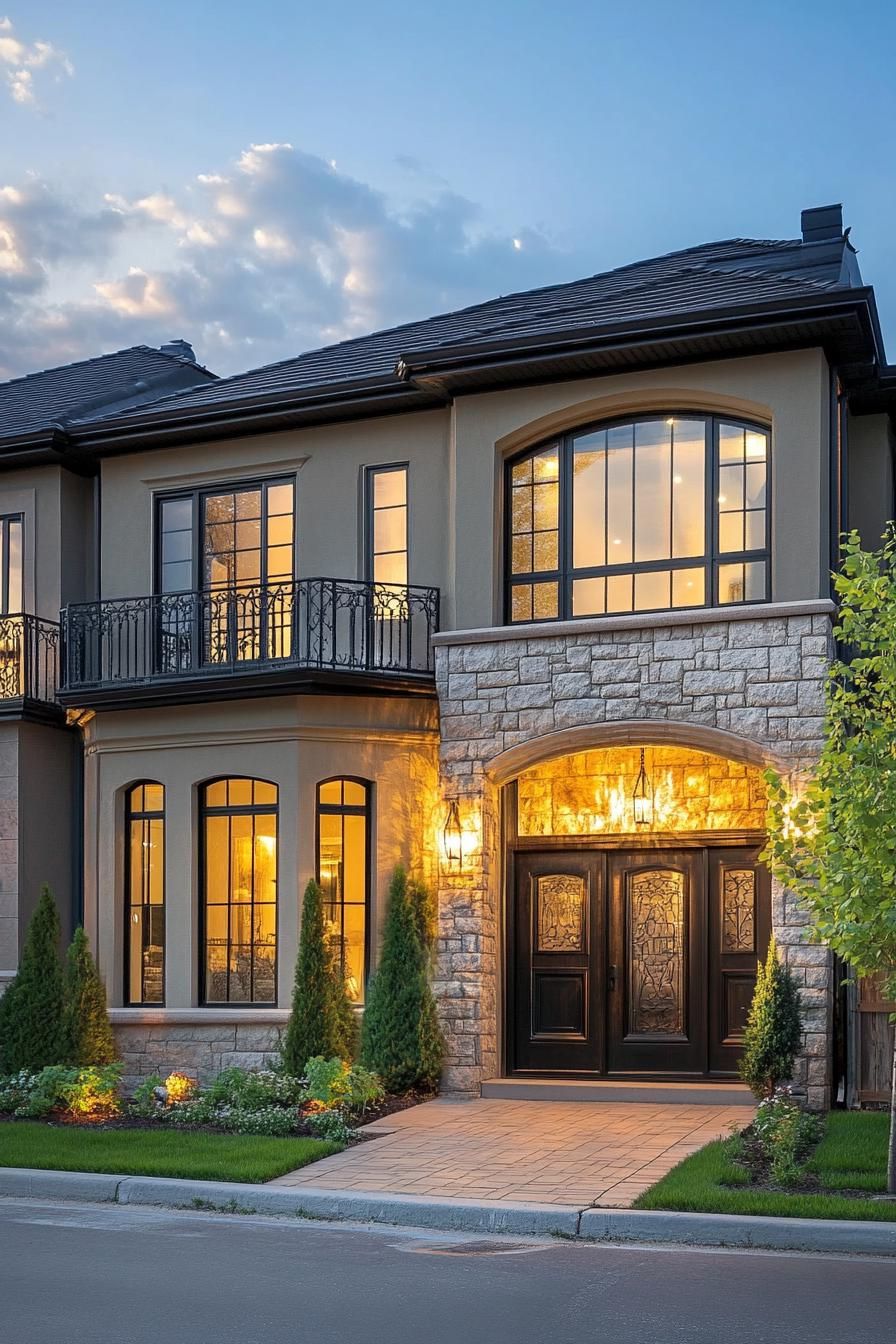 Modern townhouse with lit stone facade at dusk