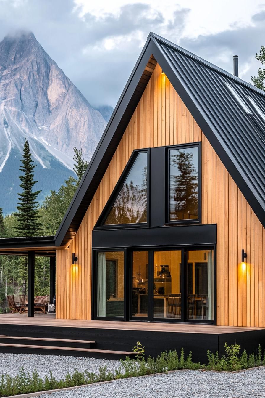 A modern wooden house with large windows and a mountain backdrop