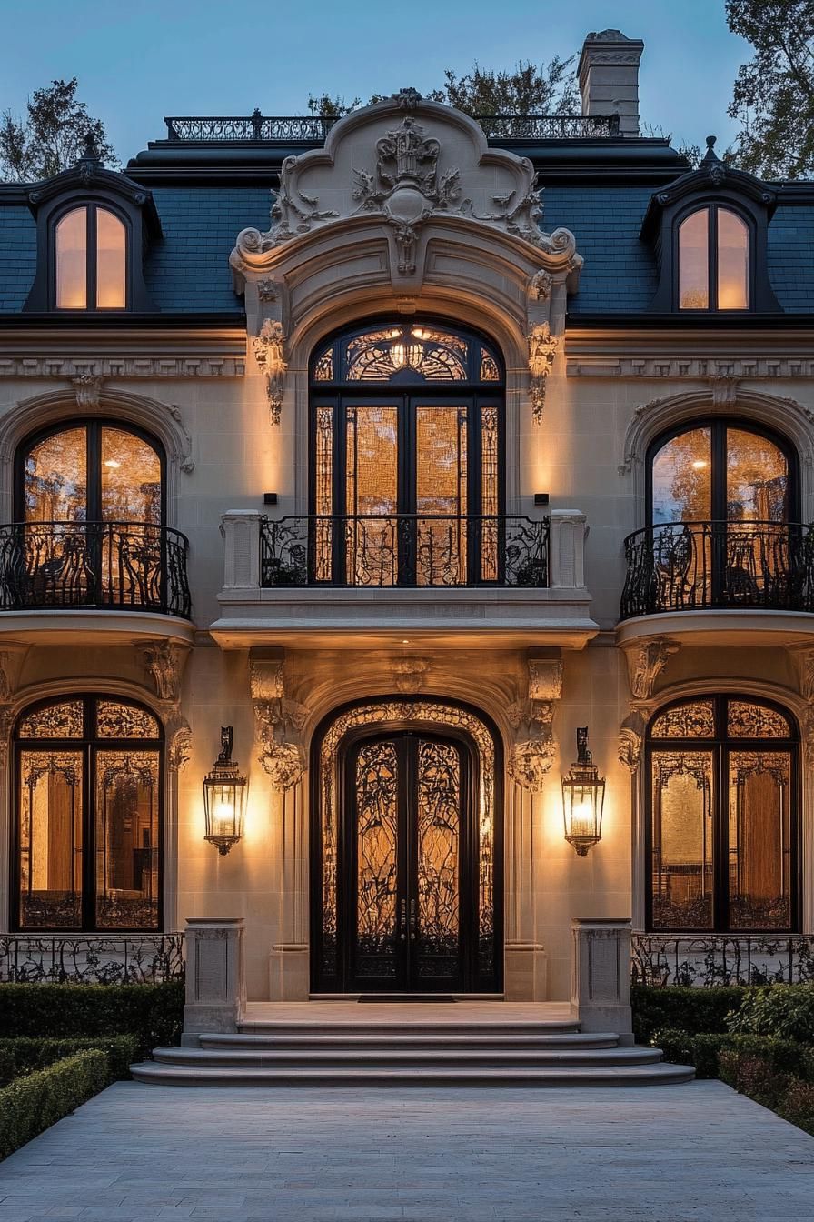 Elegant facade with ornate ironwork and soft lighting