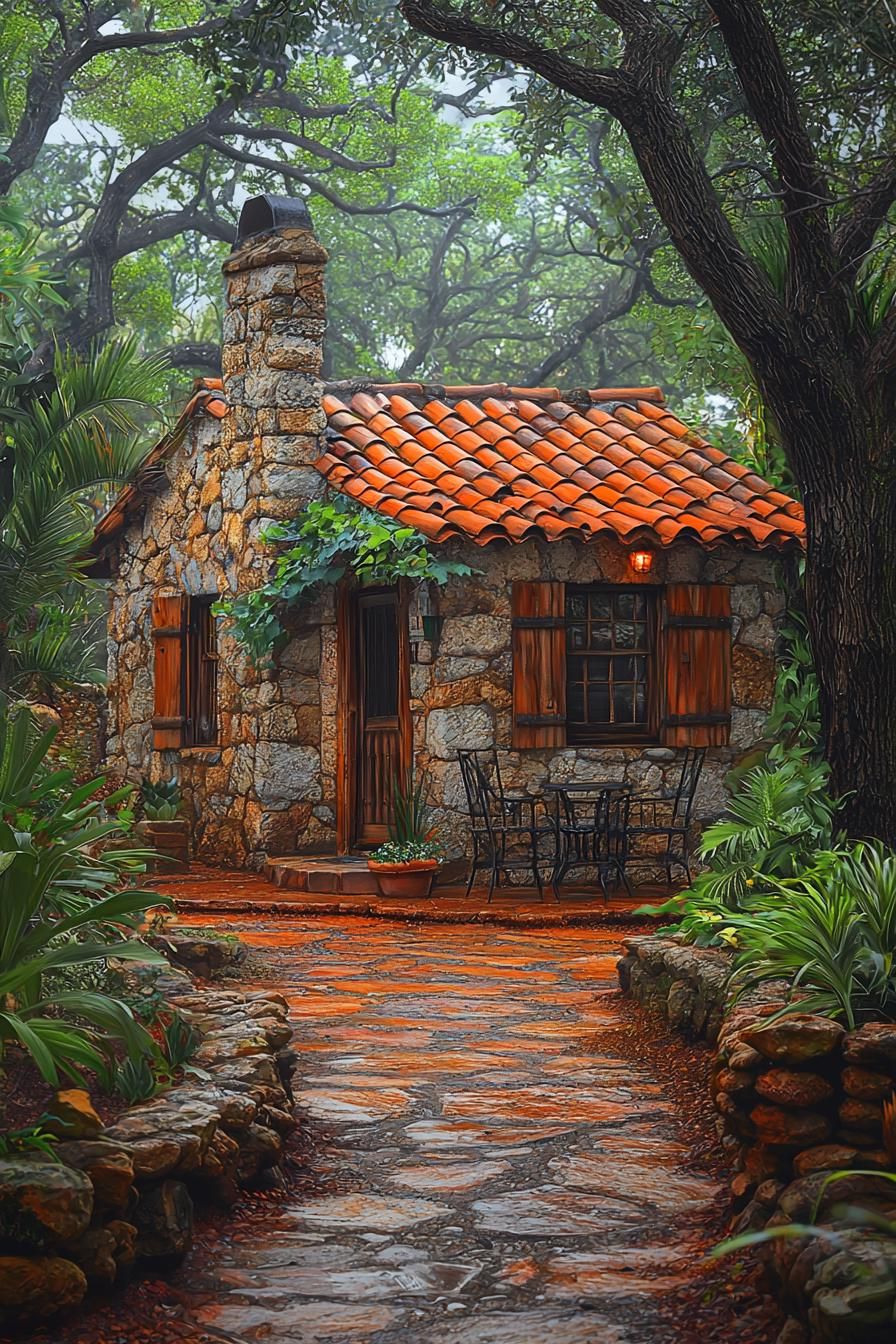 A quaint stone cottage with a red-tiled roof nestled in the woods