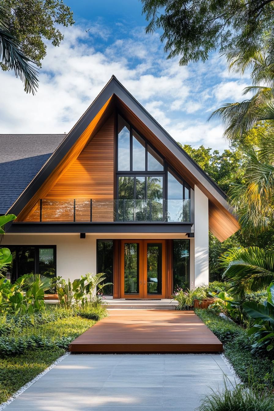 Stylish A-frame house surrounded by lush greenery