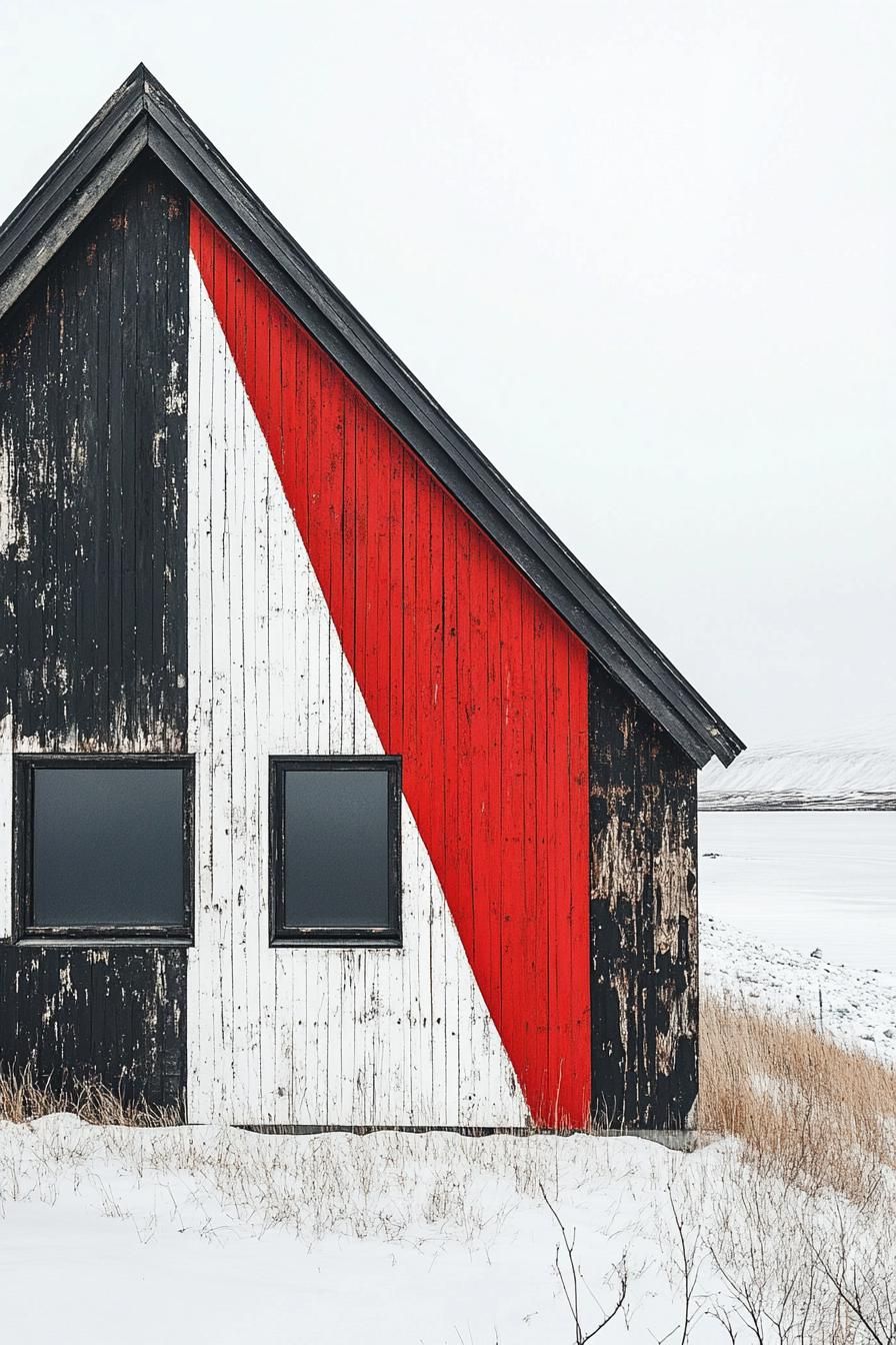 Crisp black, white, and red diagonal stripes on wooden facade