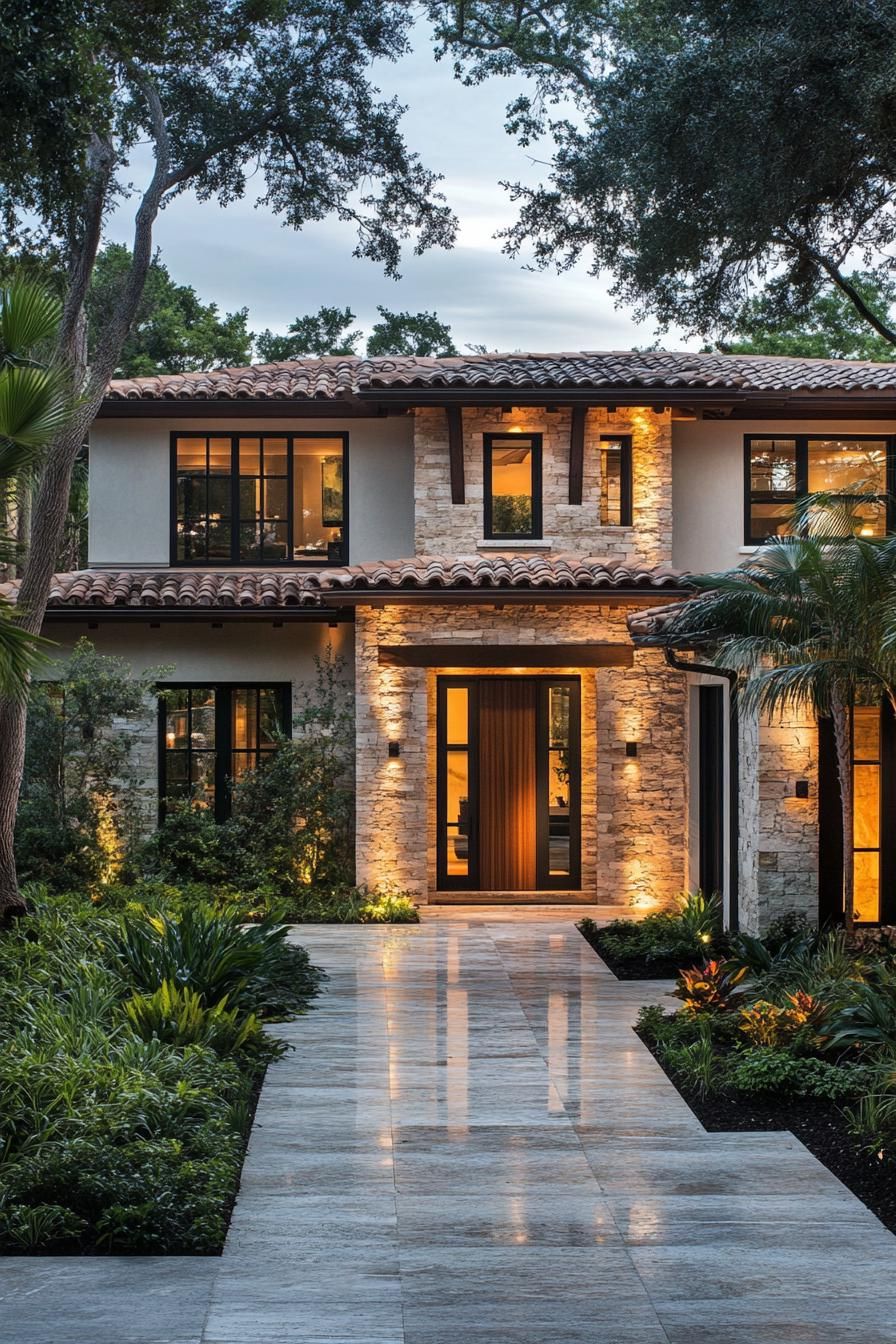 Modern two-story Mediterranean house with lush greenery