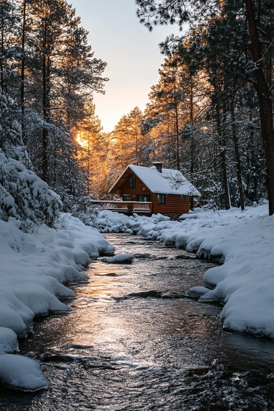 forest chalet by a river in winter with stunning snowed in forest during sunset