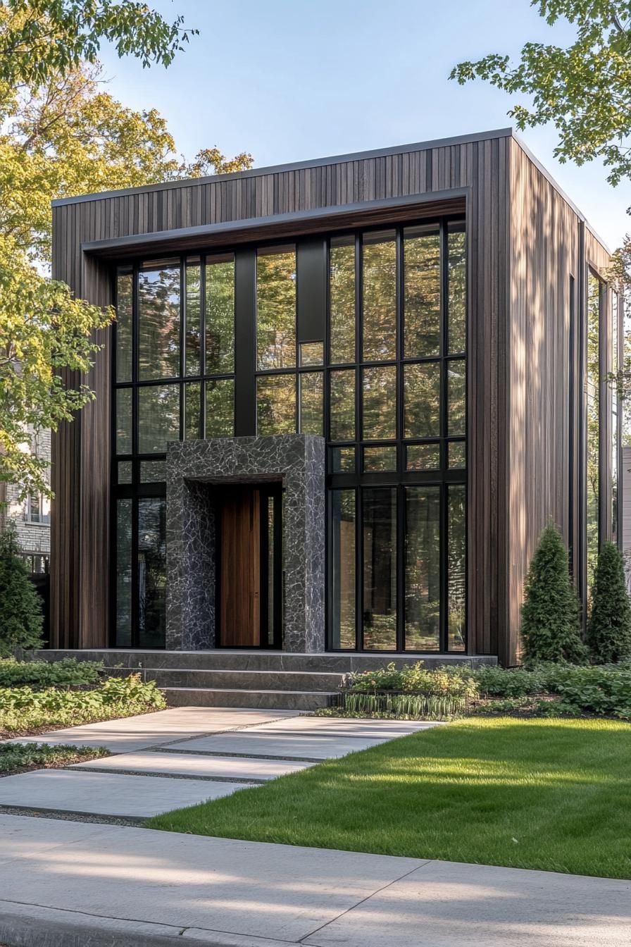 modern villa design with cascading facade dark wood slatted siding black trim dark grey granite accents veritcal full wall glass windows tall 2