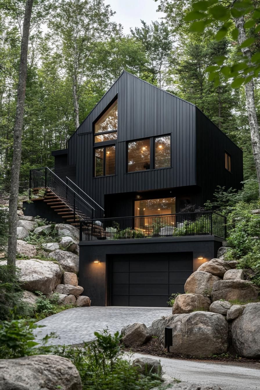 split level contemporary house in black facade and sloped roof garage and stoen paved driveway stair with rails lead to upper floor on a hillside