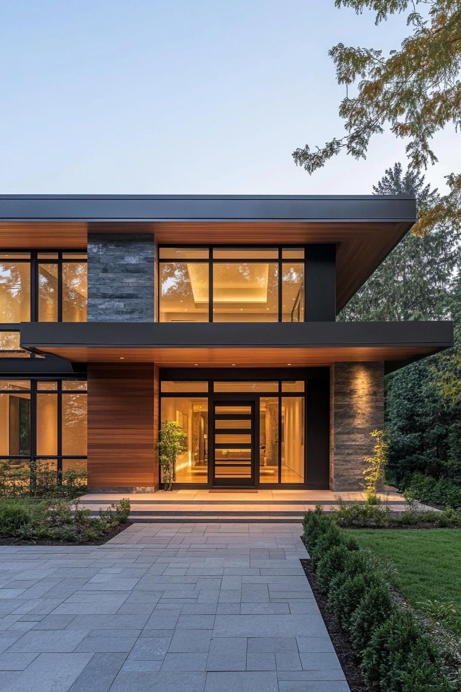 Contemporary house with a mix of glass, stone, and wood in the evening light