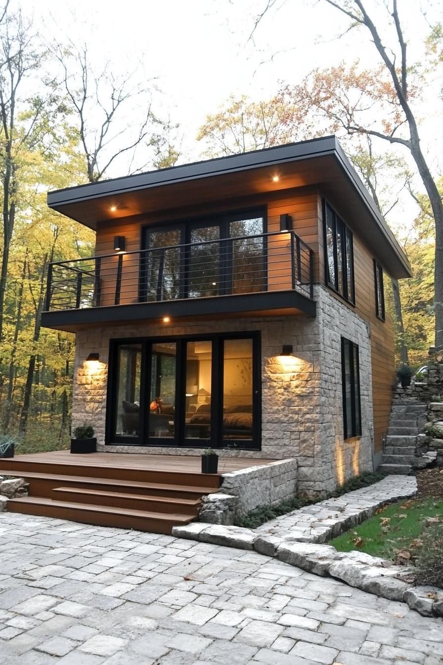 tiny modern luxury lofted house with sloped roof balcony with metal railings stone siding modern windows in black trim tiny wooden deck with 1