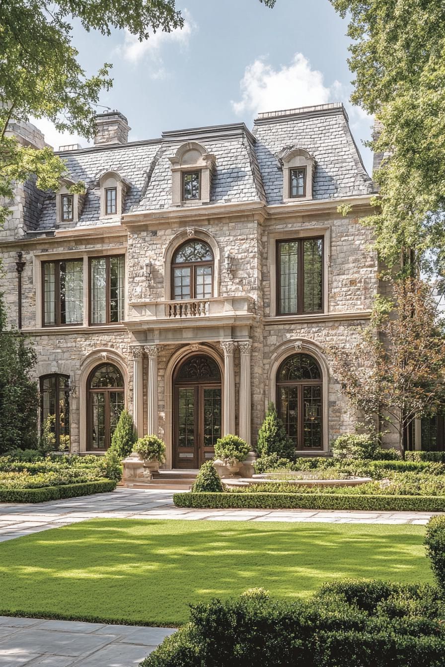 limestone brick manor with ornate gables large windows entrance with columns neat lawn landscaping 1