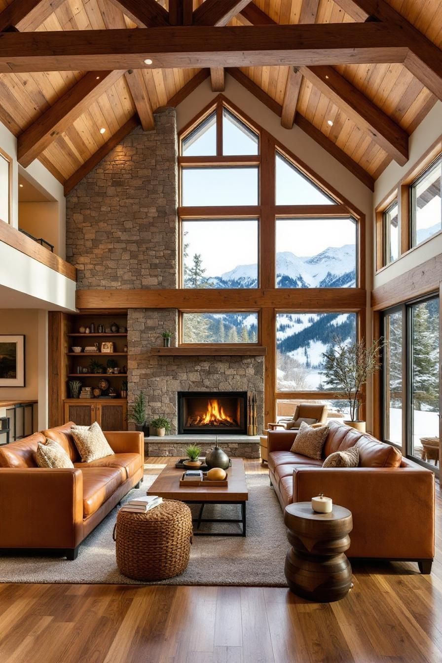 Spacious cabin living room with mountain view