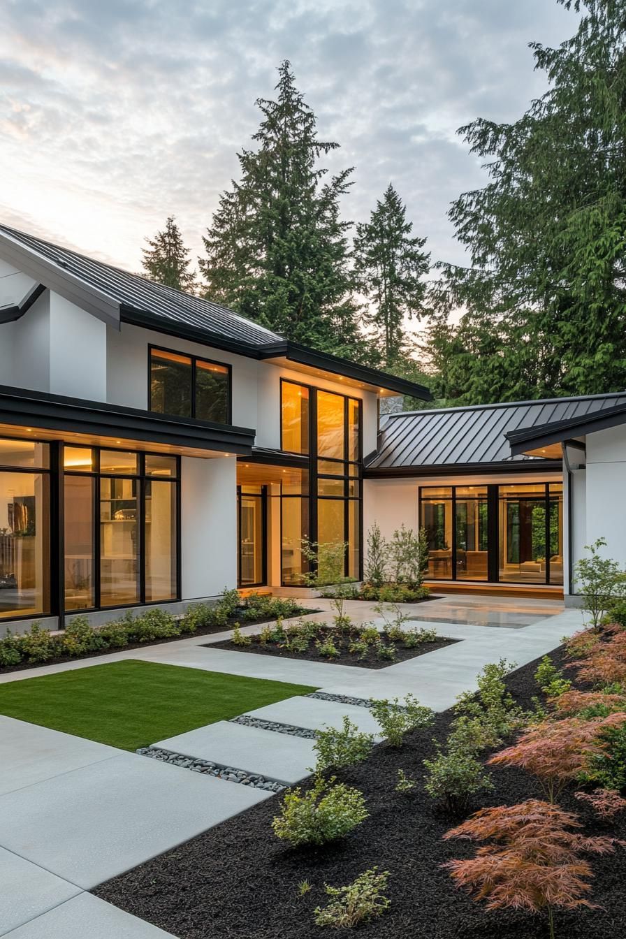 Modern home with large windows surrounded by trees