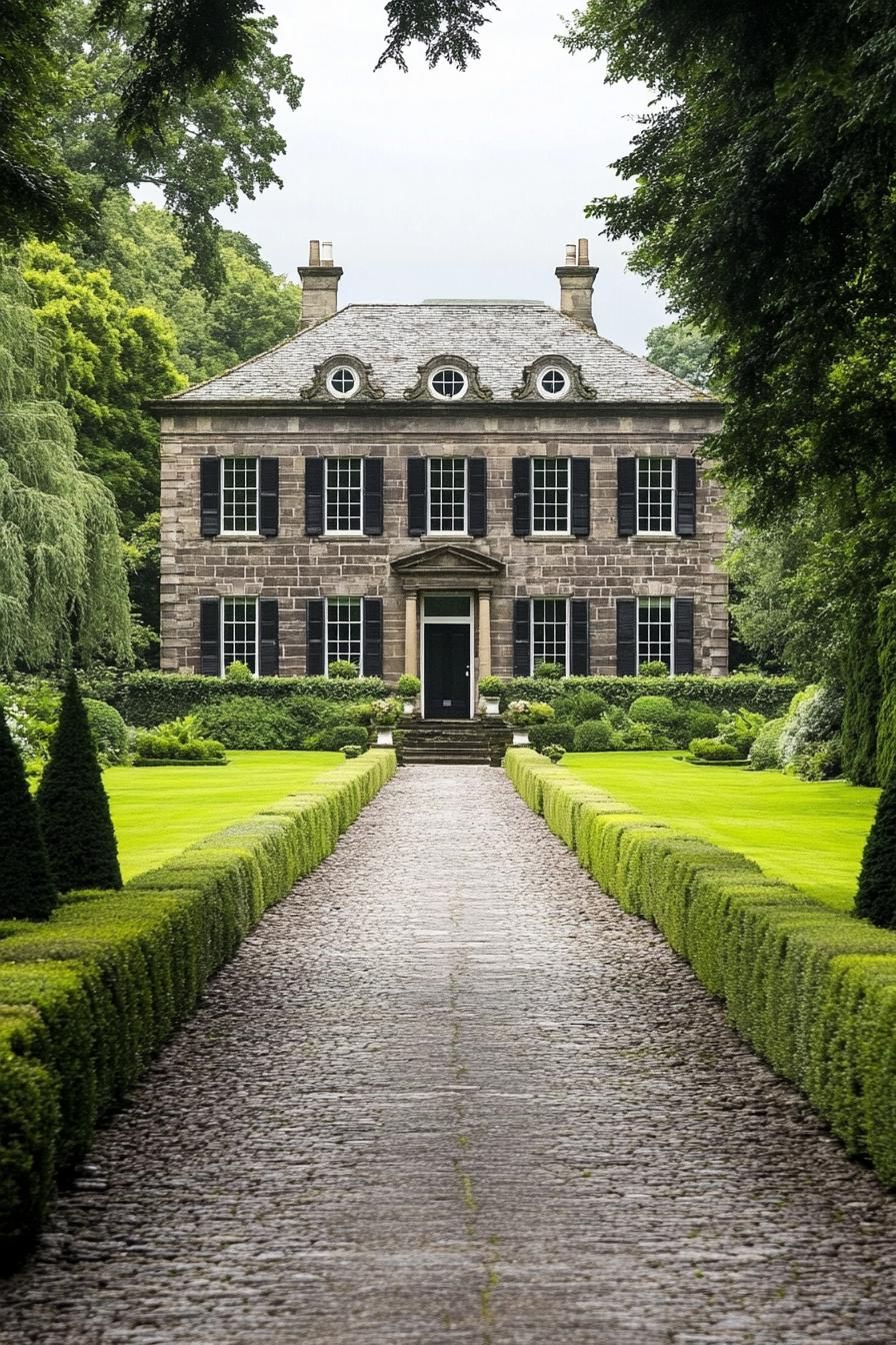 Georgian-style house with a lush garden and stone path