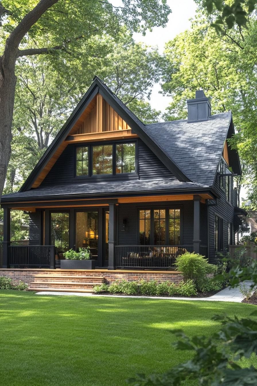 modern cottage with blakc horizontal siding natural wood details and exposed beams porch with brick foundation and black railings gabled multi 2