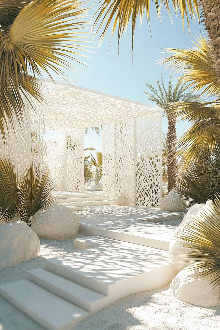 white geometric pavillion in the desert with palms dreamscape design 1