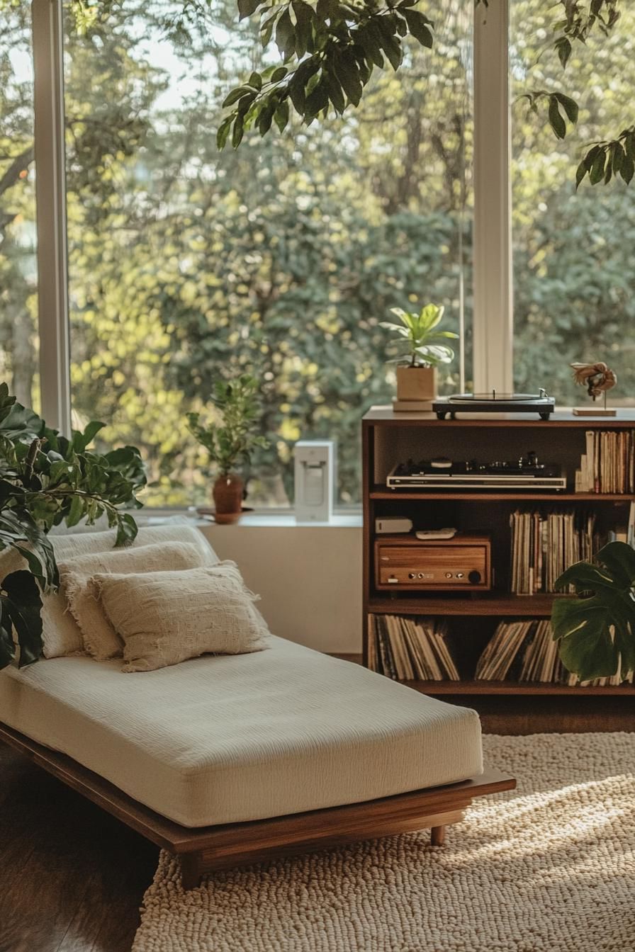 Sunlit room with a record player and stylish chaise lounge