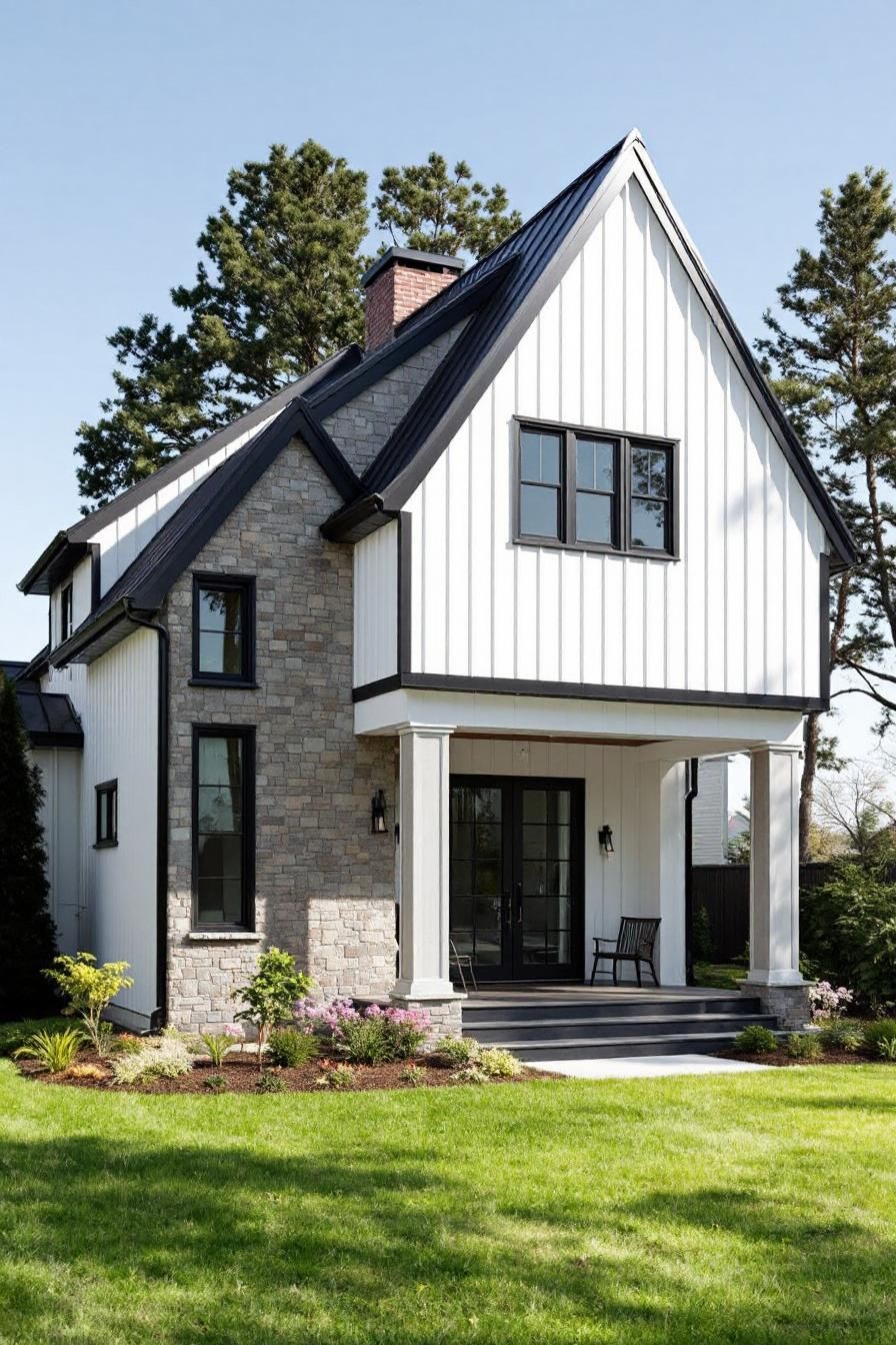 White house with black trim and stone facade