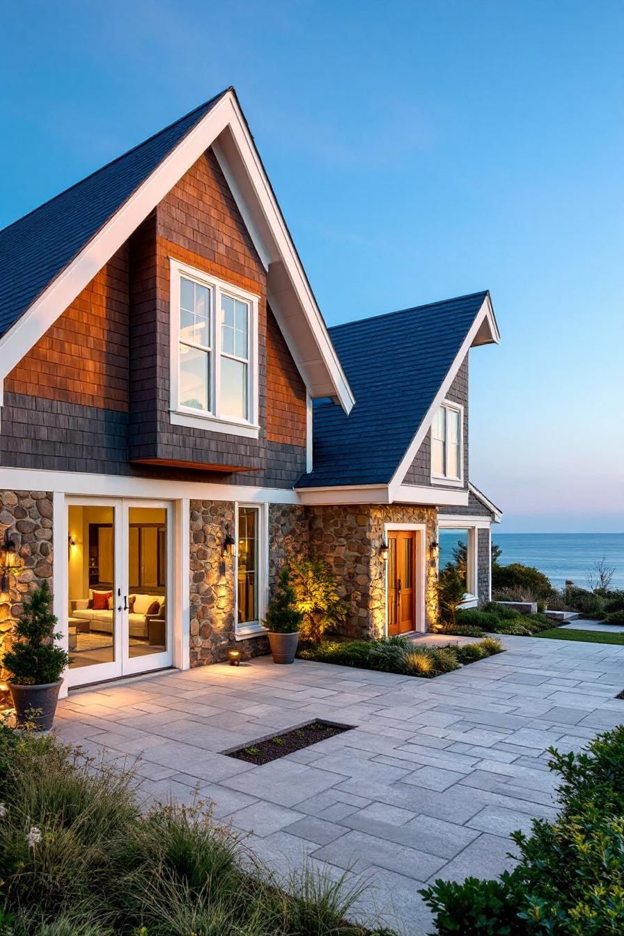 Coastal house with stone and cedar accents at sunset