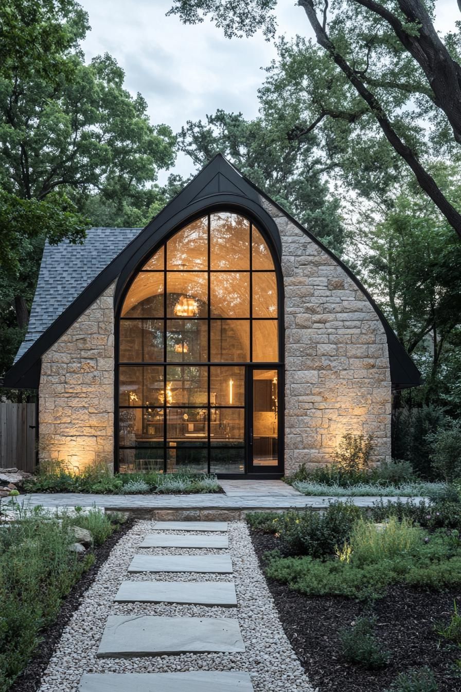 Modern stone house with large arched window