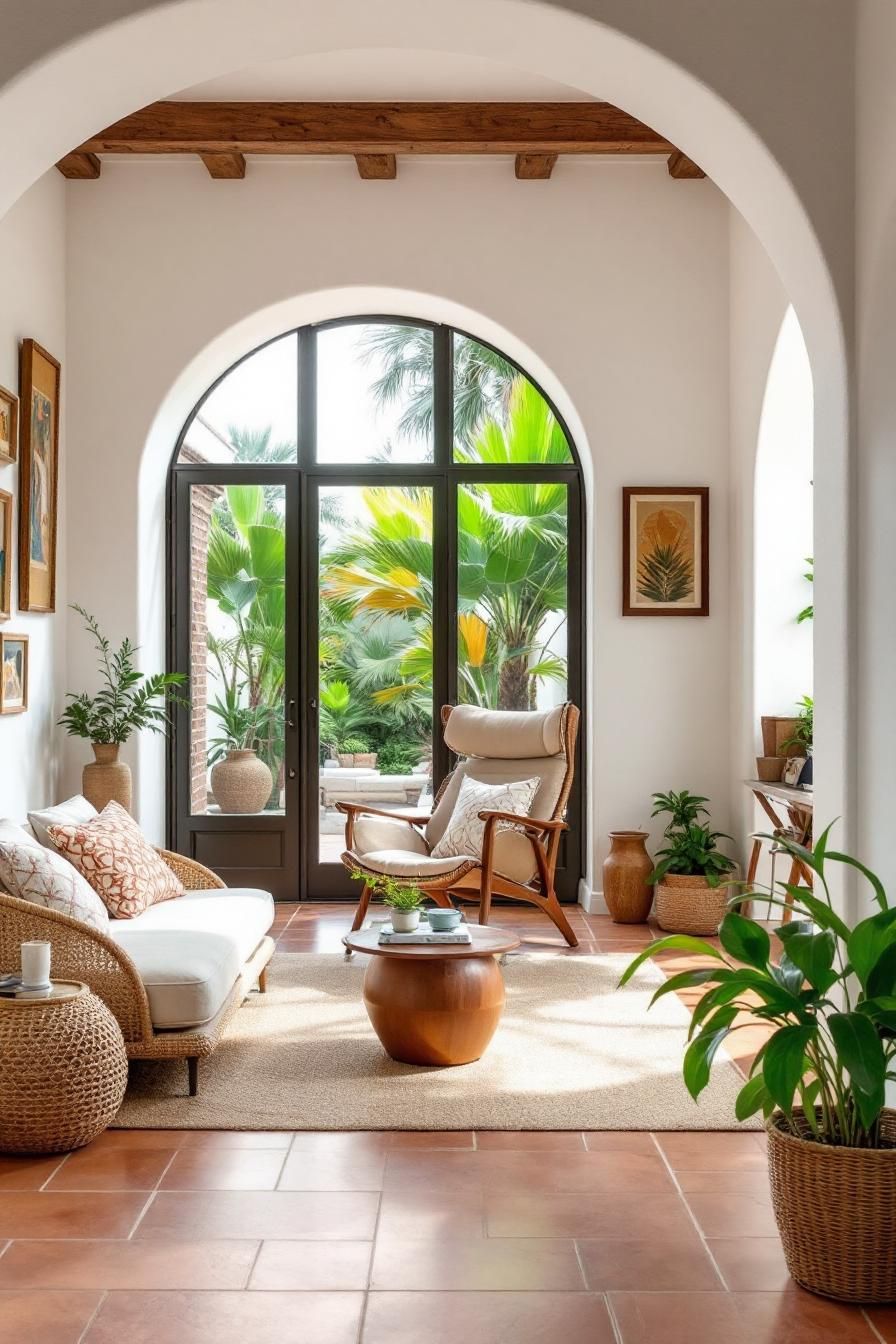 Bright room with arched door and modern Spanish decor