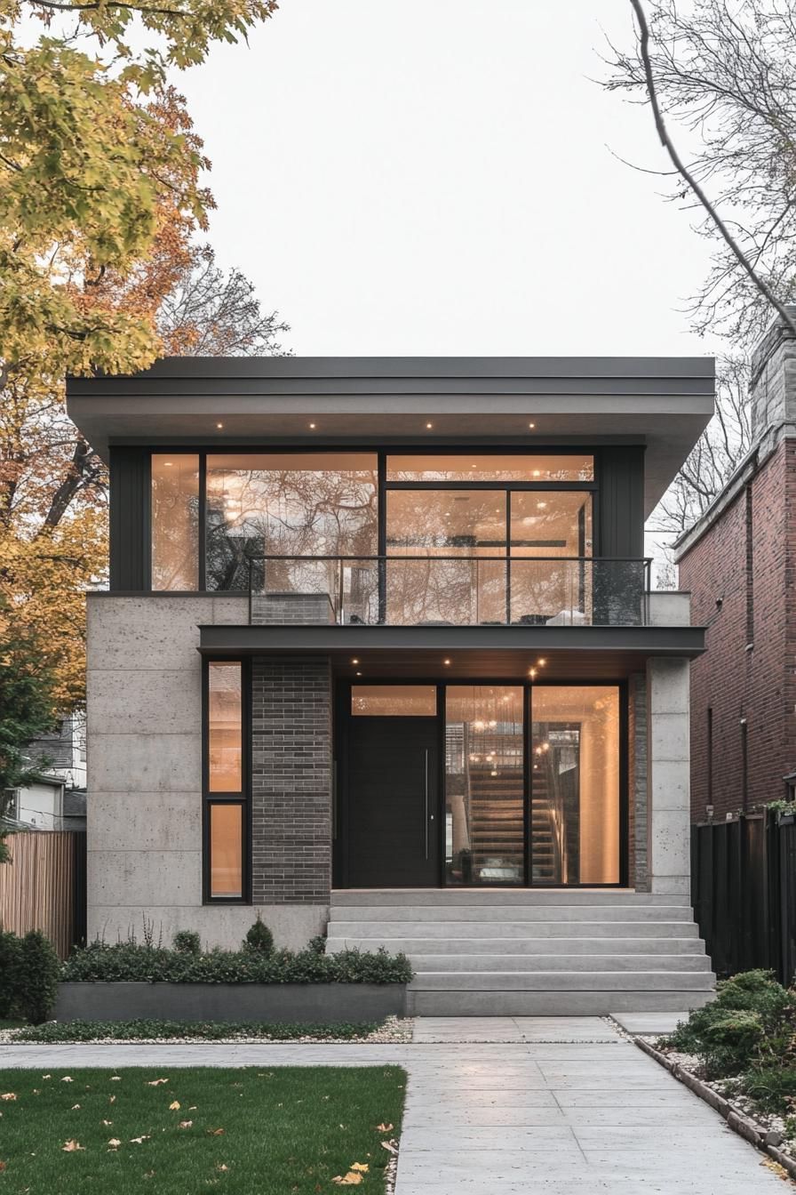 Modern two-story house with large glass windows and a flat roof