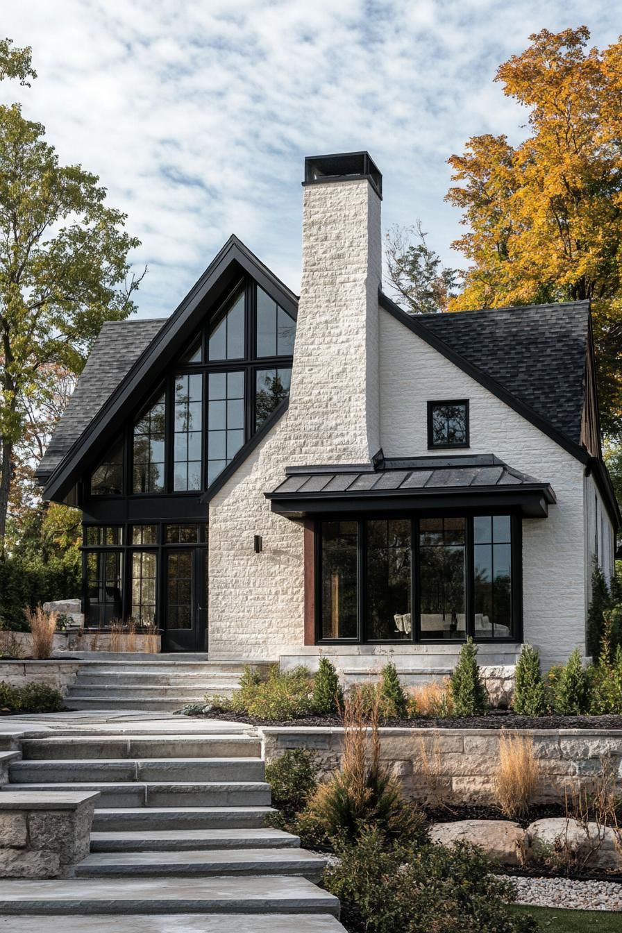 modern european cottage with shite stucco and reclaimed wood siding multi pitched gabled roof chimney modern windows in black trim front yard with