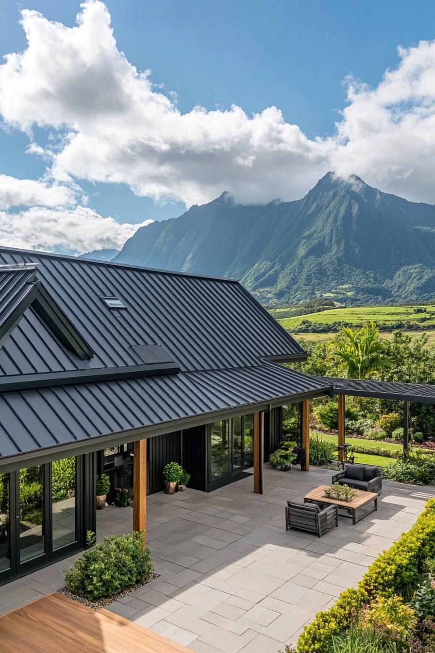 high angle view of a black modern farmhouse with black metal multi pitch roof large porch with wood beam posts v 6.1 1