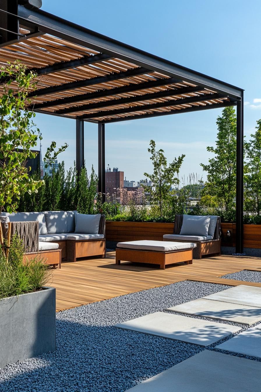 modern rooftop terrace with modular furniture gravel and wooden with concrete paver path planters with geometric shrubs and small trees metal 2