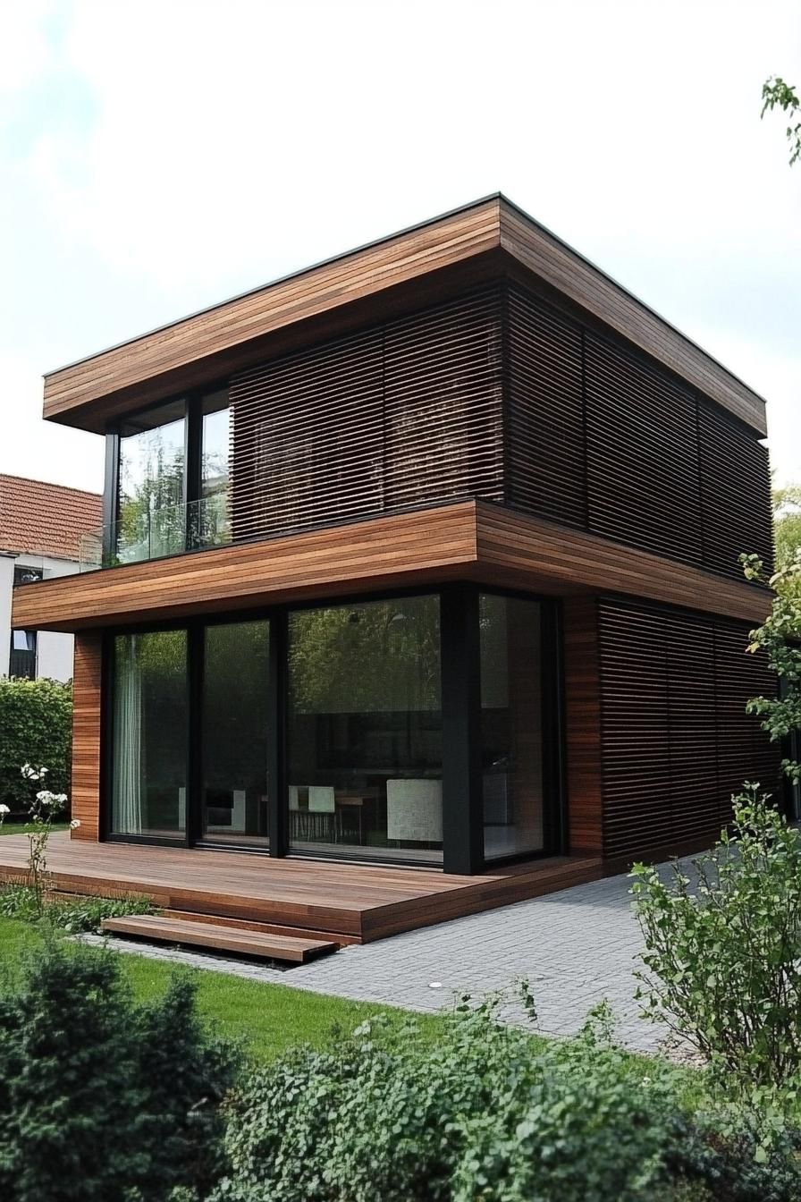 modern house facade with timber gladding and vertical wood slat panels 3