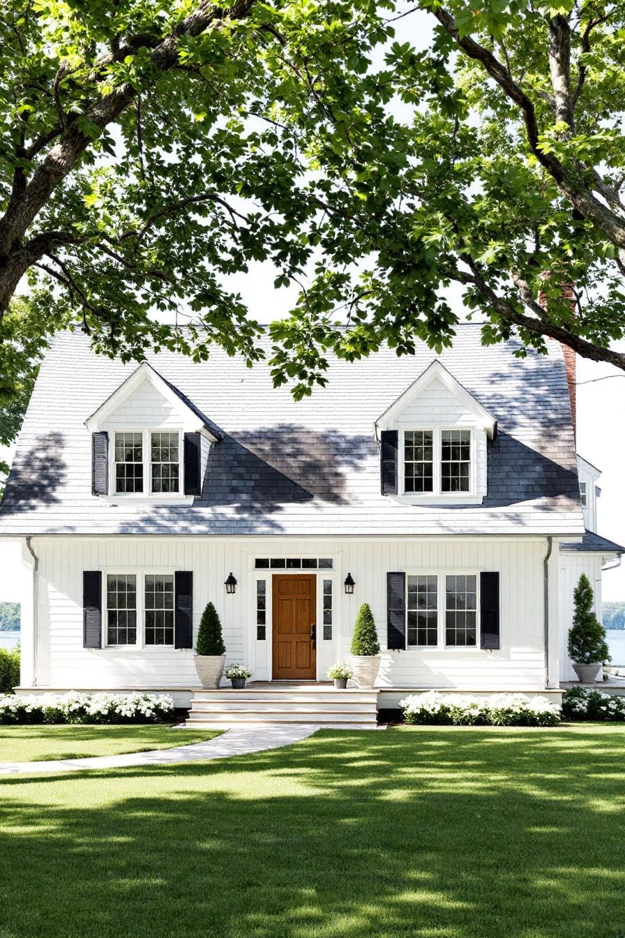 Classic white Hamptons style house with a lush front yard