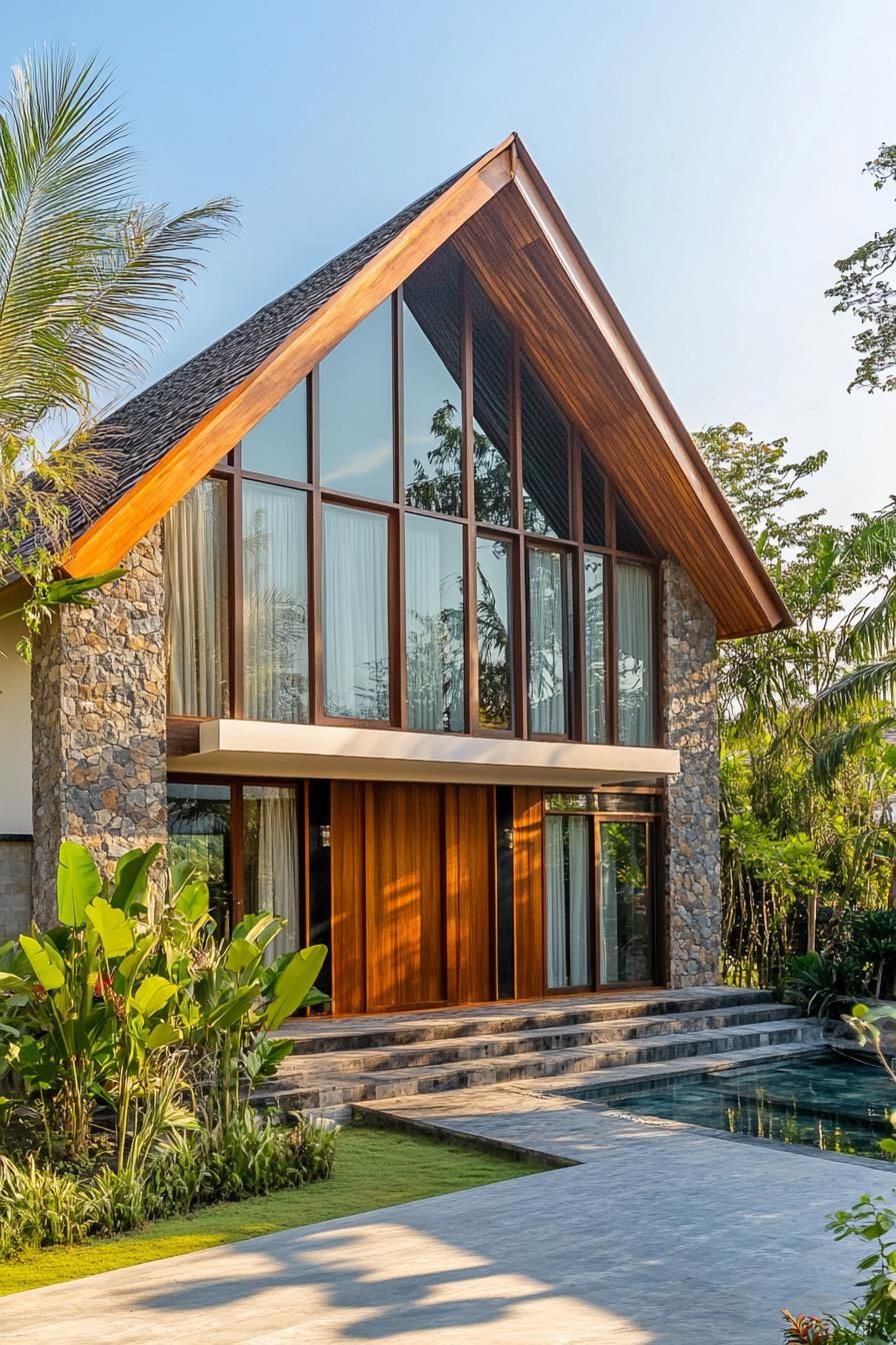 A-frame house with stone walls and lush greenery