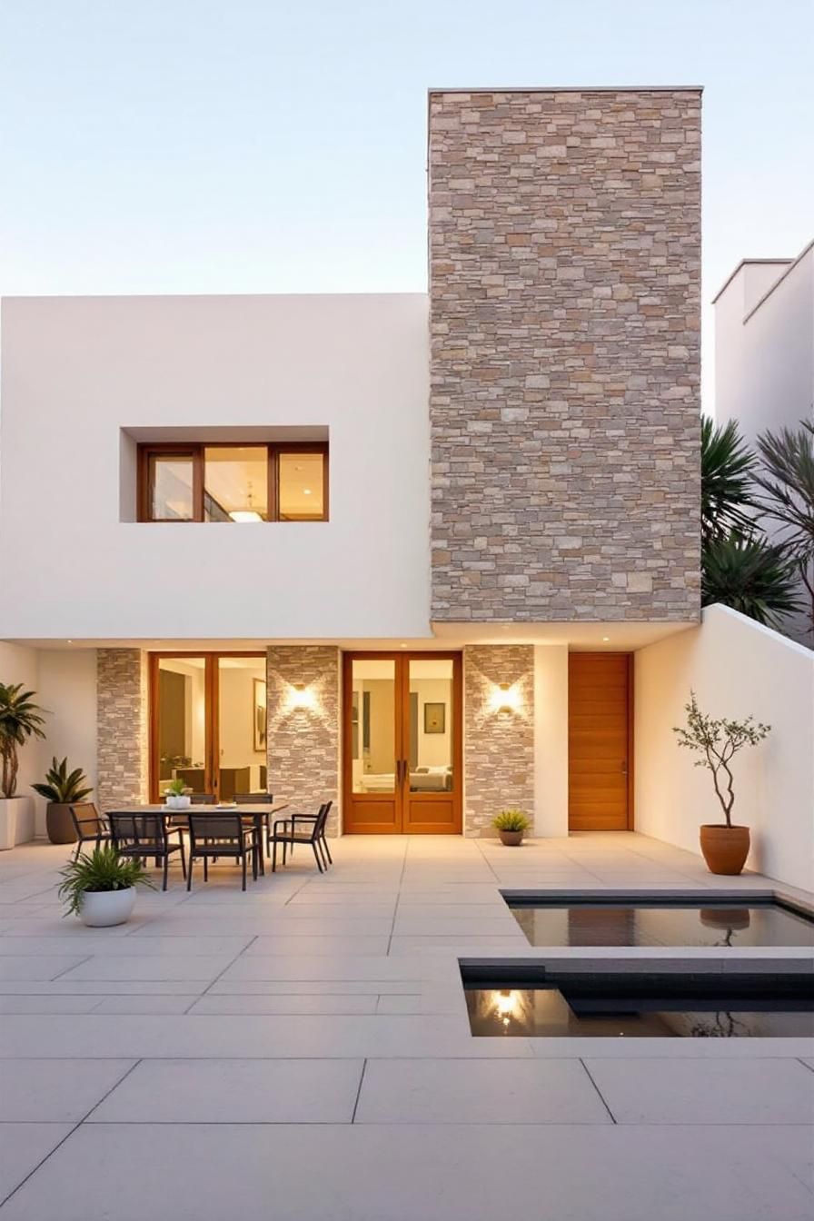 Modern Mediterranean house with stone facade and patio