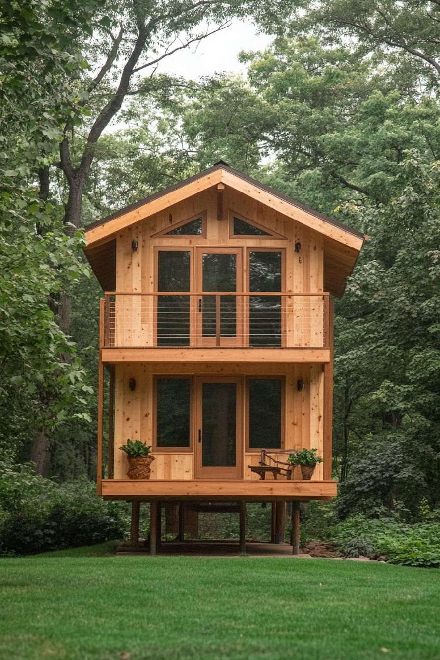 A elevated wooden shed house amidst lush greenery