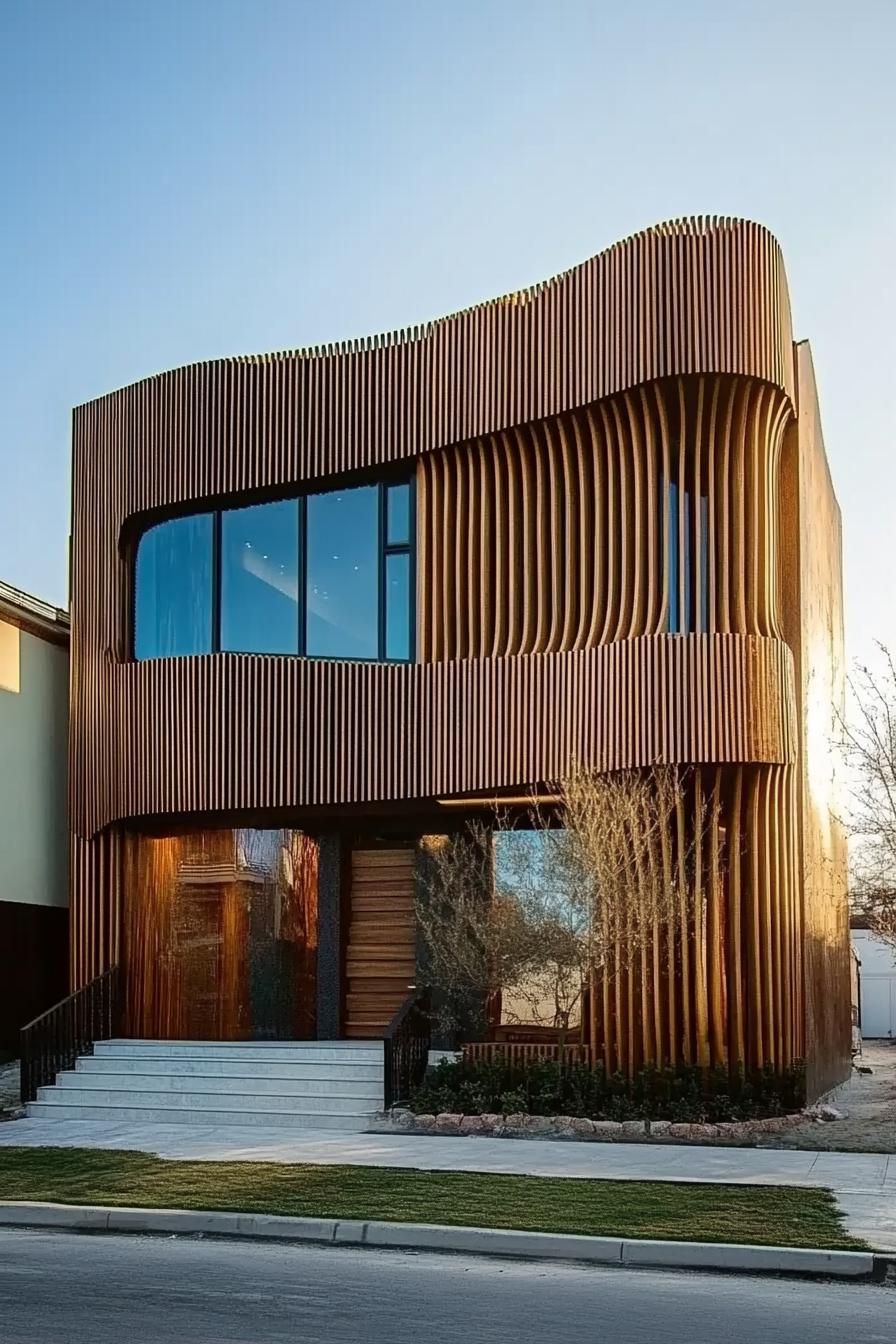 Curved timber facade house with large windows