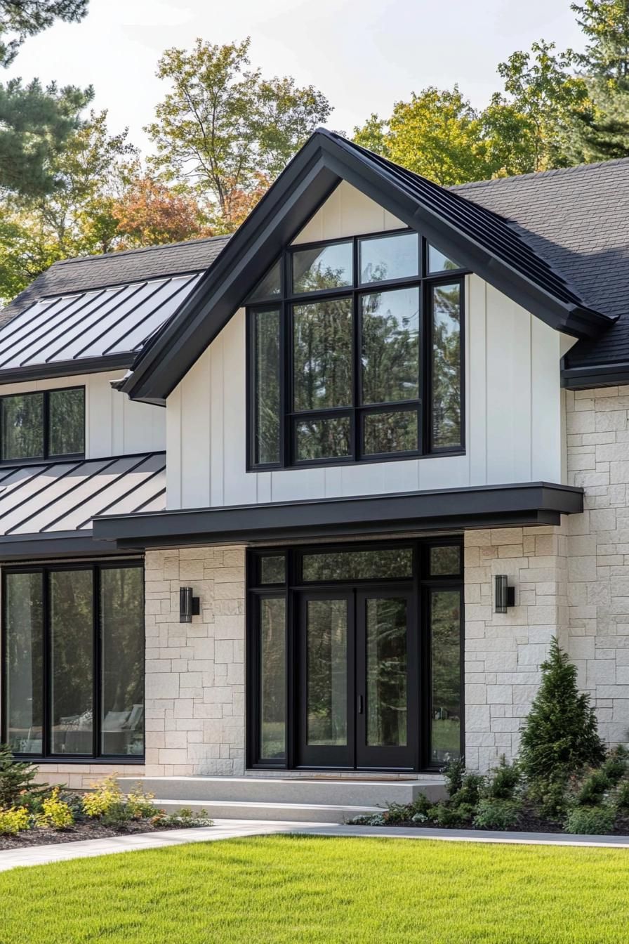 Modern house with black window frames and lush surroundings