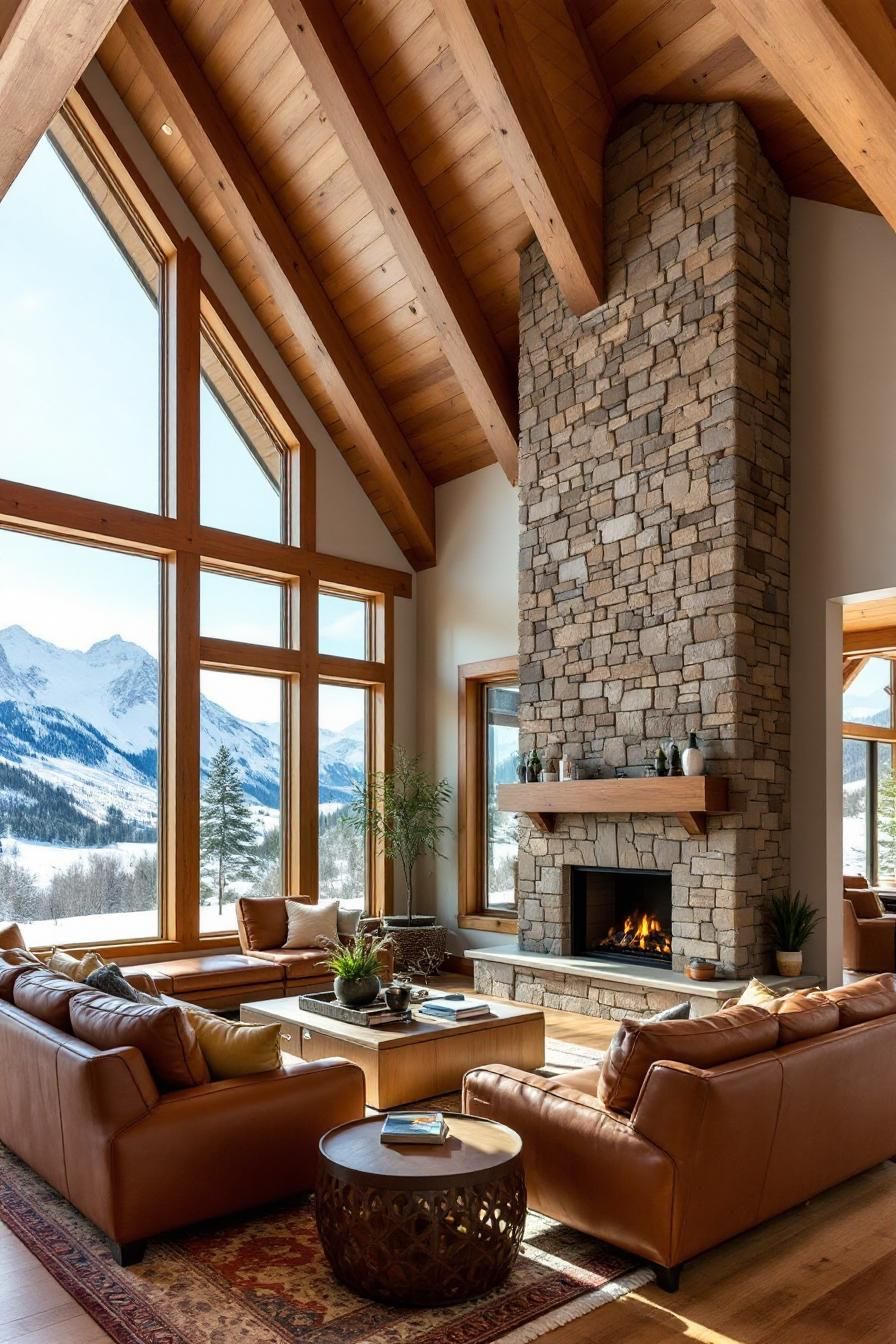 Cabin interior with stone fireplace