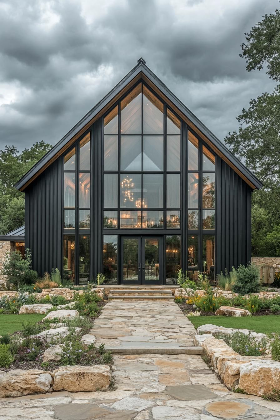 Modern barndominium with large glass front