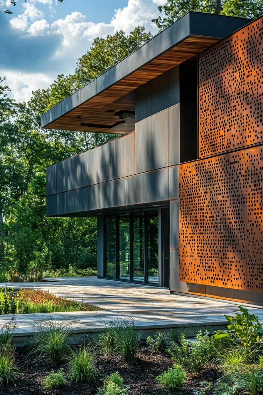 modern house geometric facade with rusted metal perforated panel accent wall 1