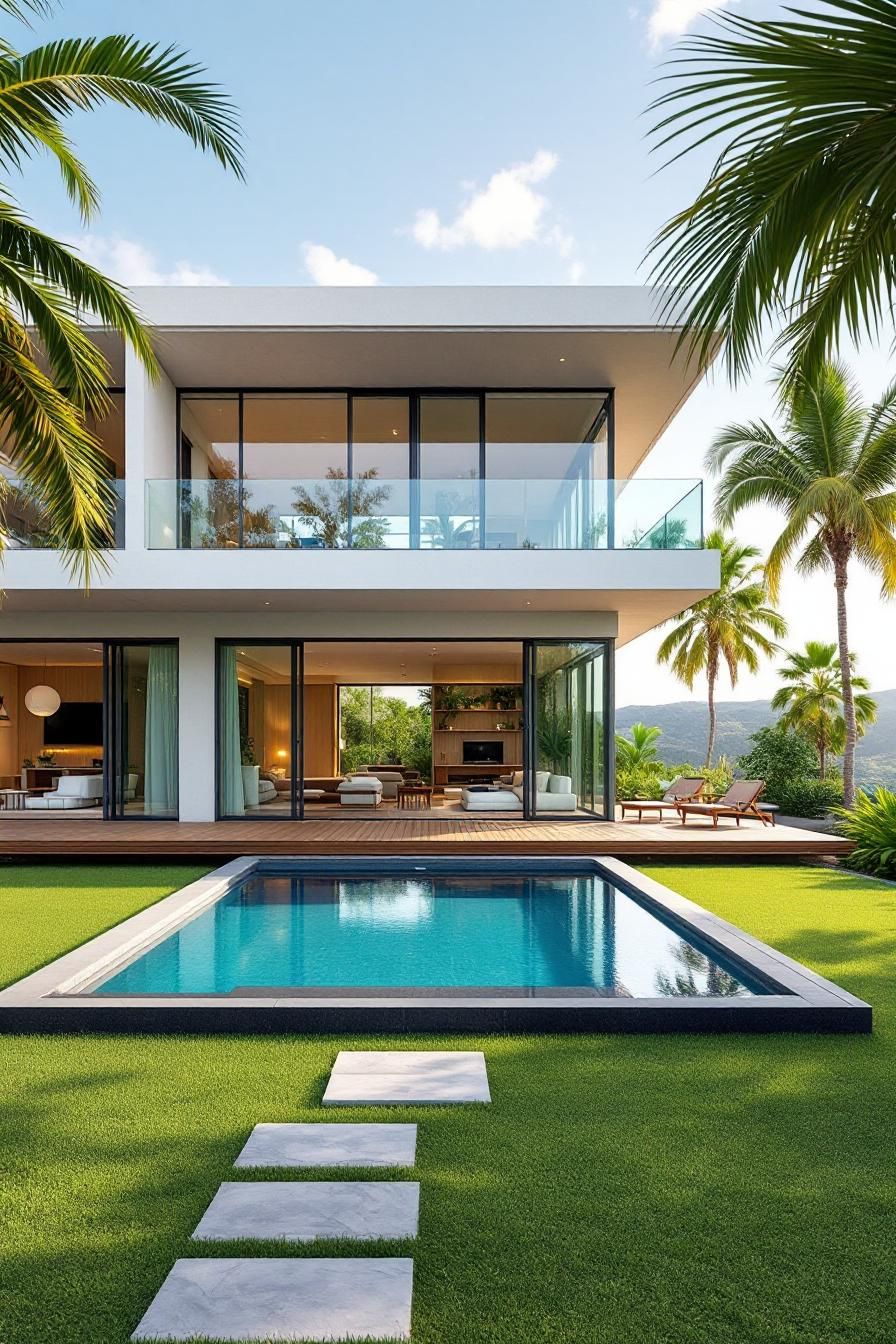 Modern tropical home with pool and palm trees