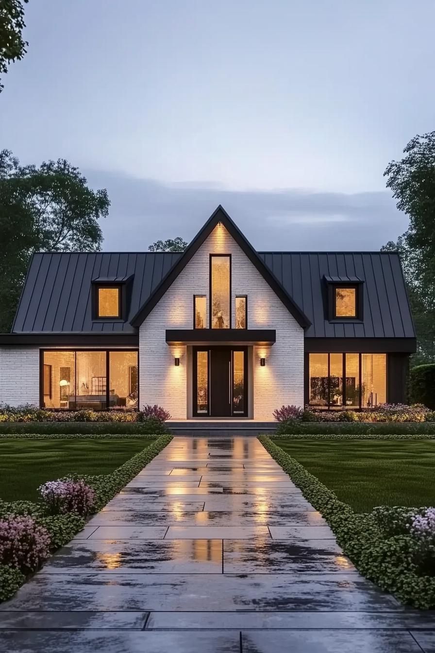 Modern one-story home with triangular roof and glowing windows