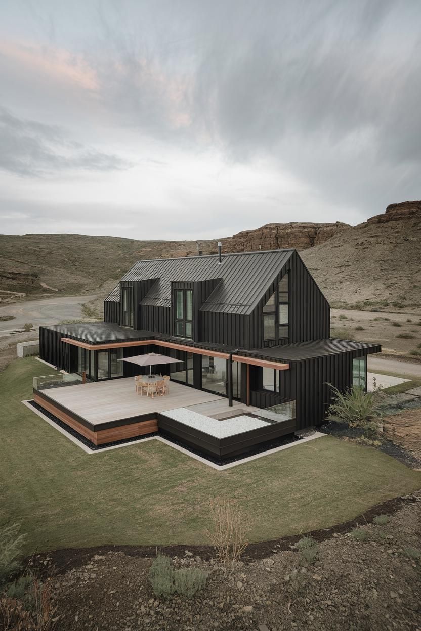 Contemporary black house with a large patio in a desert setting