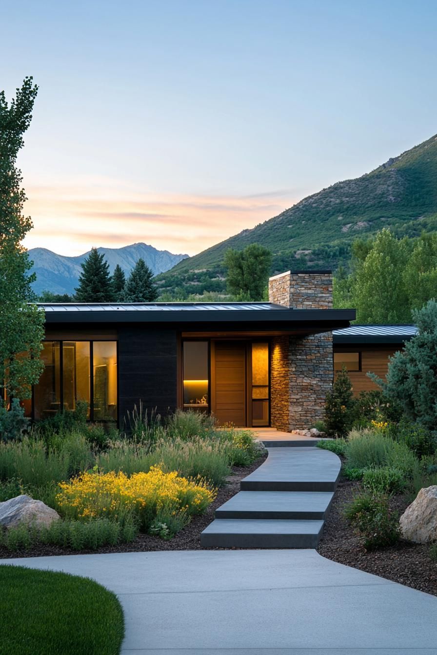 Modern rancher with sleek design and lush garden