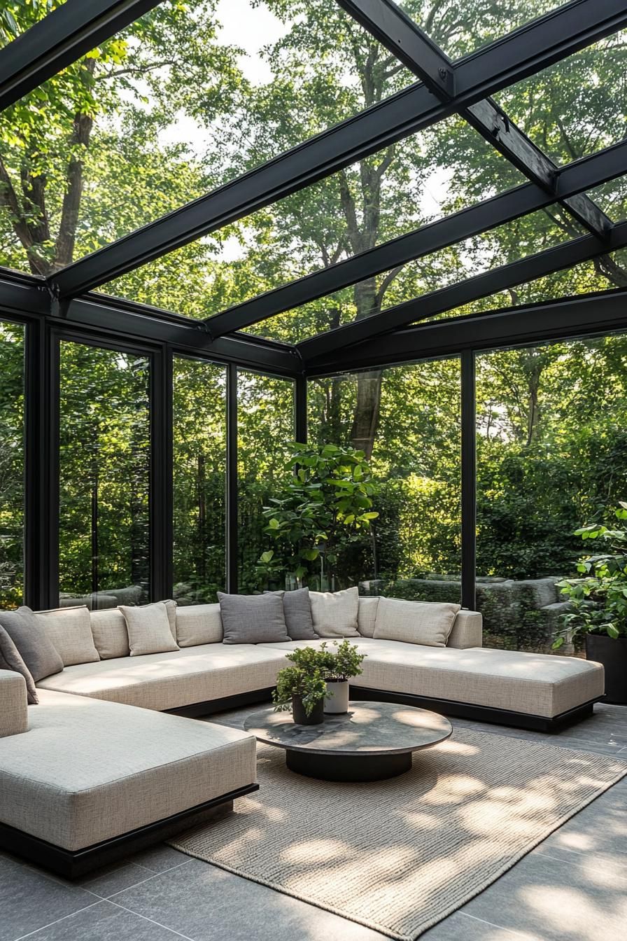 Glass-walled outdoor living area with modern furniture