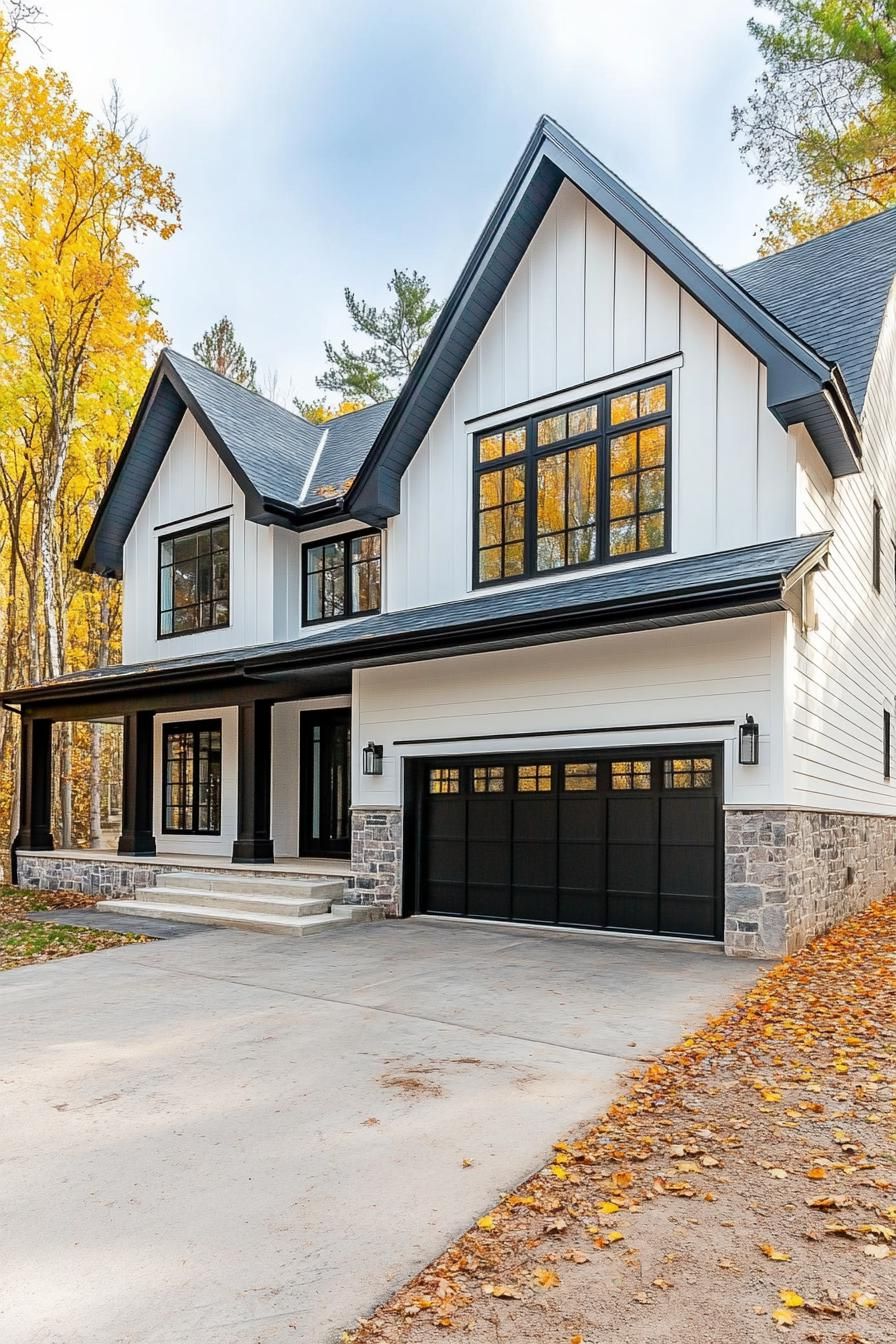 modern cottage house with white siding stone brick foundation black trim black multi pitched roof modern windows with black and white trim large 3