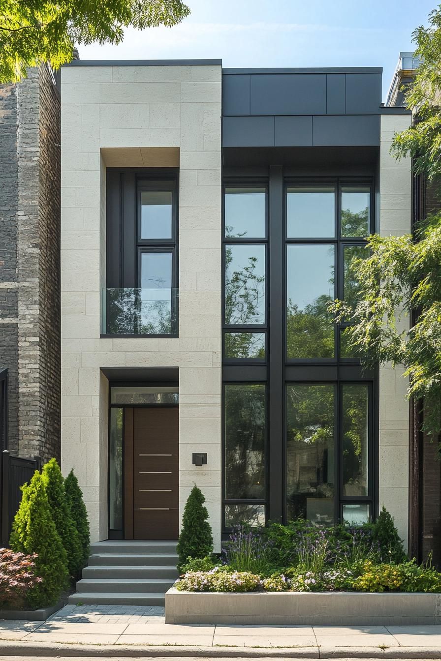 Contemporary townhouse facade with large windows and sleek entrance