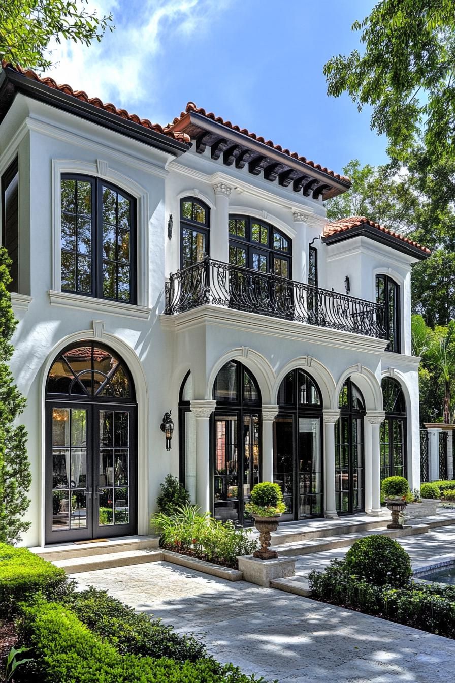 Mediterranean villa with arched windows and lush garden