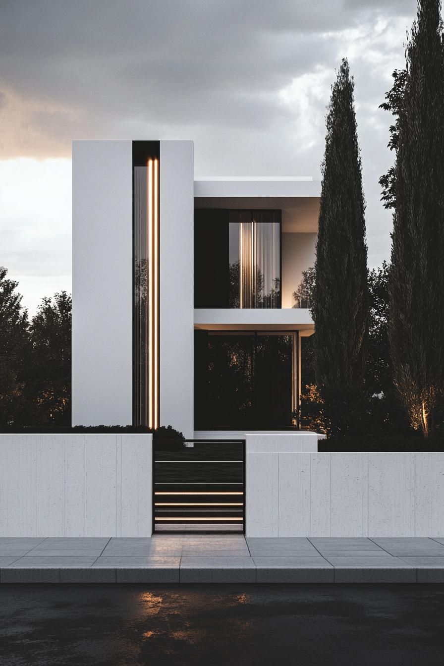 front view of a modern white villa black accents small modern windows narrow LED lit stripe accents the house is behind a tall white concrete