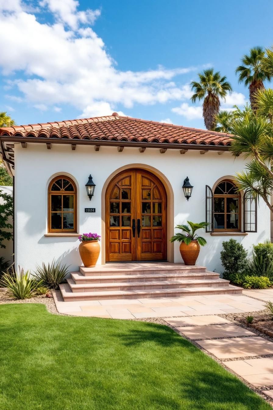 White bungalow with wooden doors and terra-cotta roof surrounded by greenery